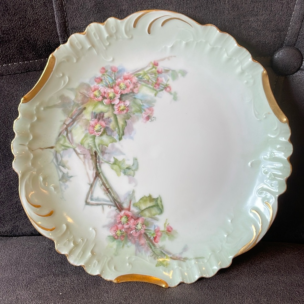 Antique J.P. Limoges France Hand-Painted Plate, Floral Design with Gold Accents